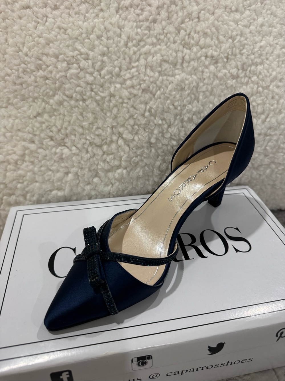 Caparros Navy Satin Pointed-Toe Pump with Bow Strap